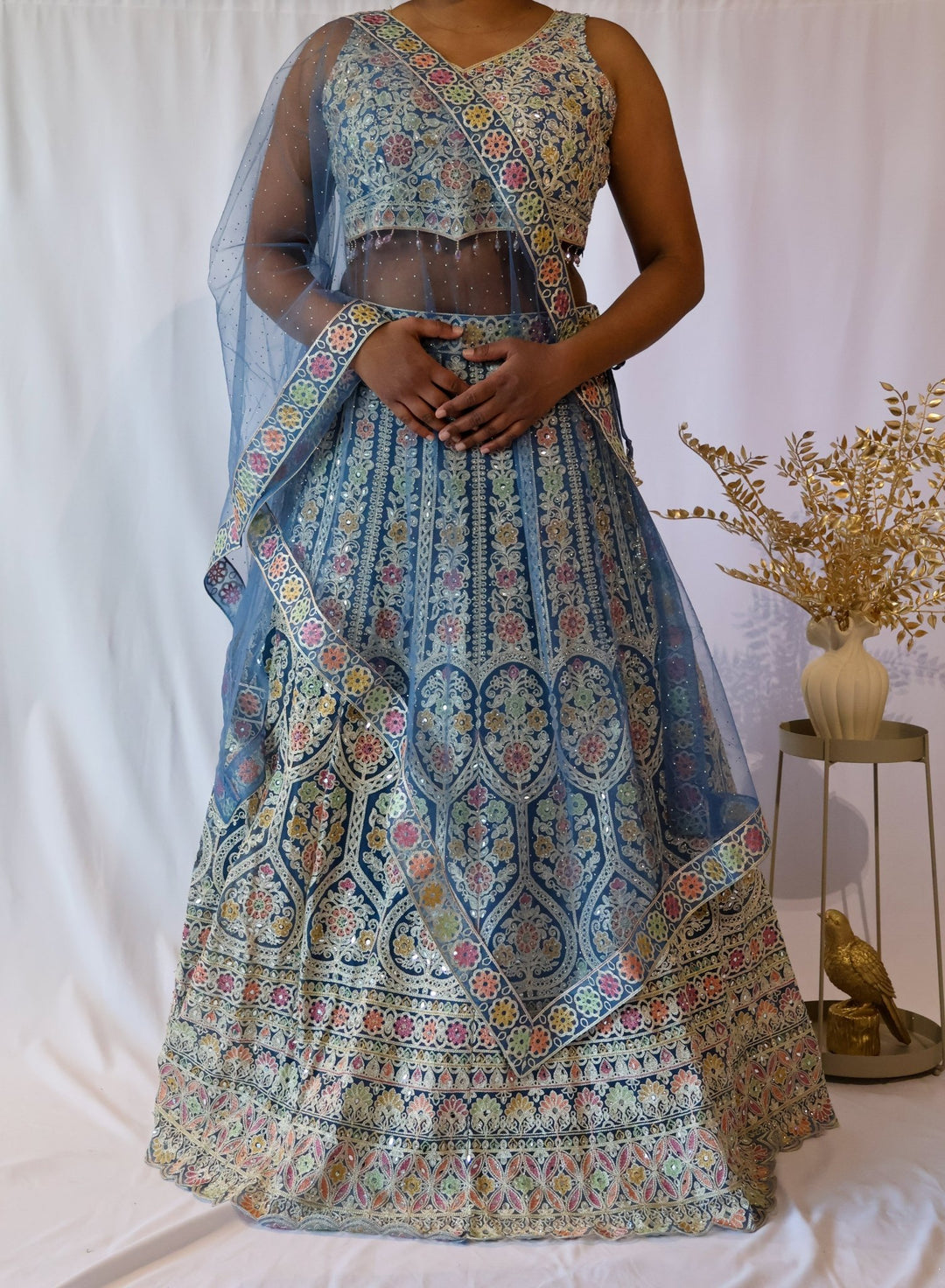 Blue Multicolor Embroidered Lehenga - Lotus Lehengas