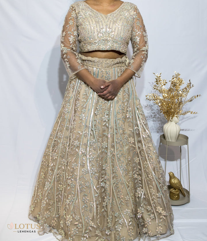 Champagne Gold Floral Embroidered Lehenga - Lotus Lehengas