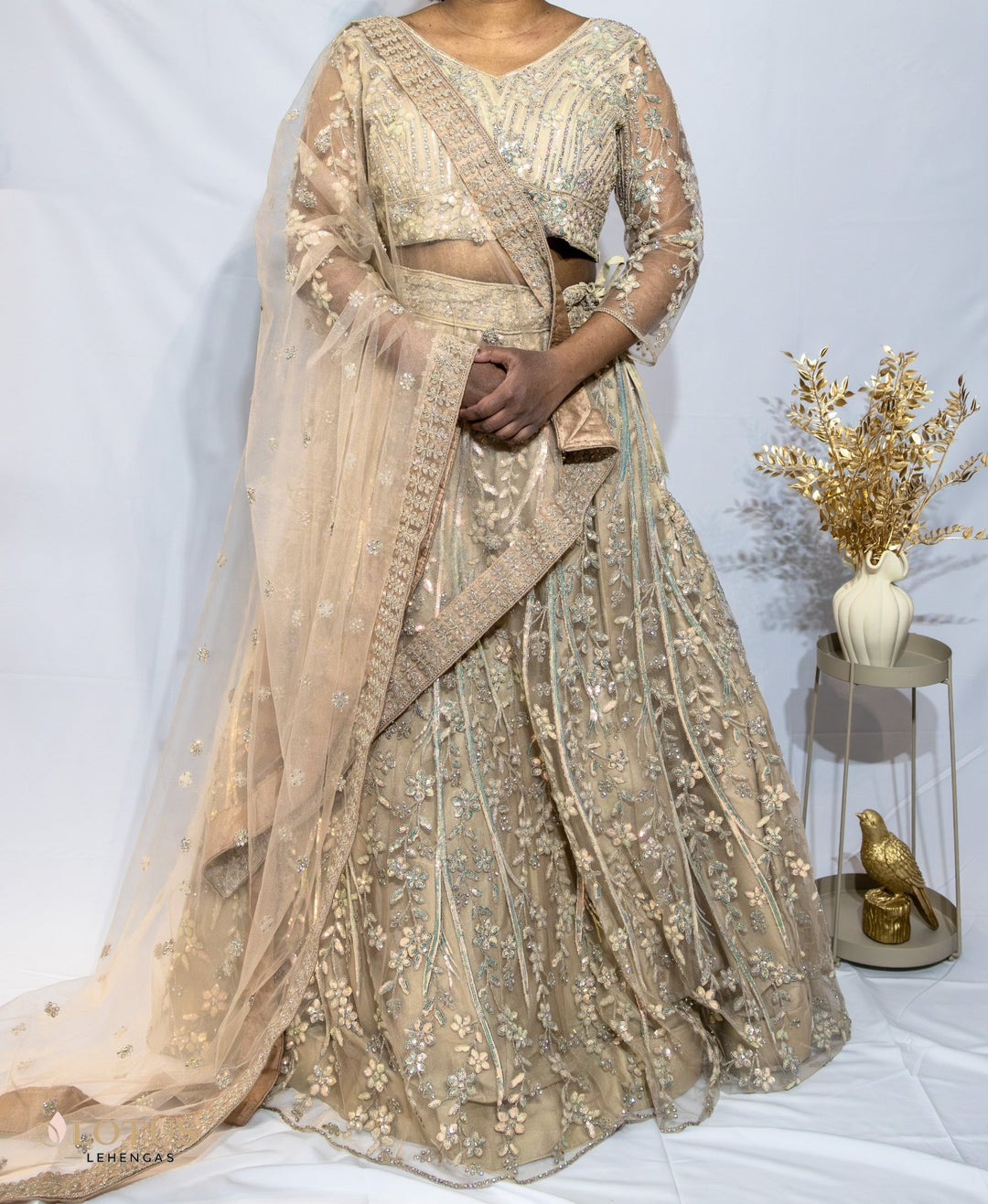 Champagne Gold Floral Embroidered Lehenga - Lotus Lehengas