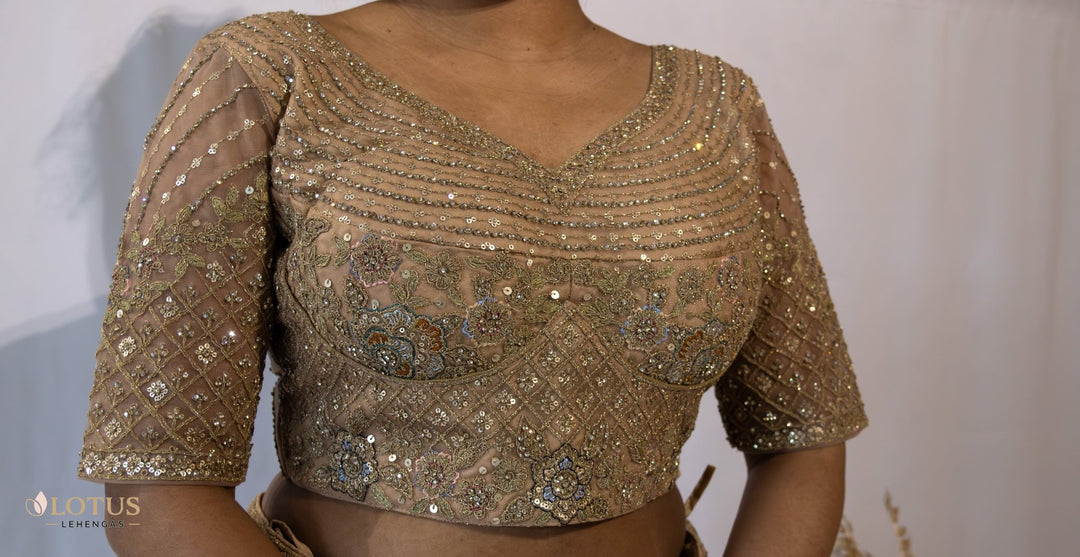Champagne Gold Peacock Embroidered Lehenga - Lotus Lehengas