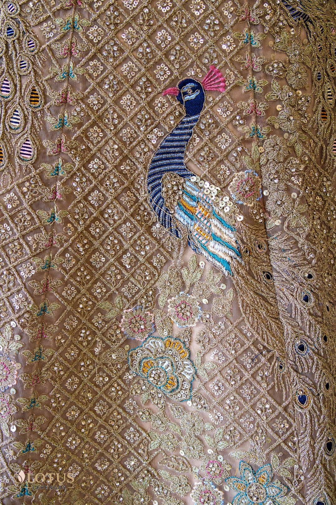 Champagne Gold Peacock Embroidered Lehenga - Lotus Lehengas