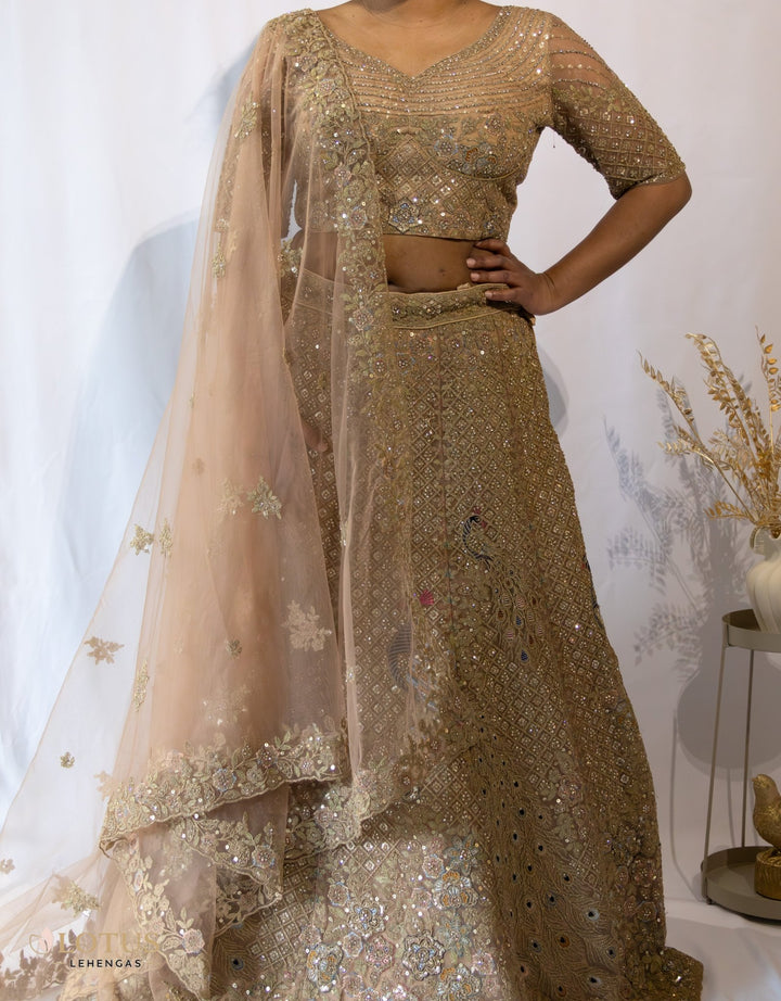 Champagne Gold Peacock Embroidered Lehenga - Lotus Lehengas