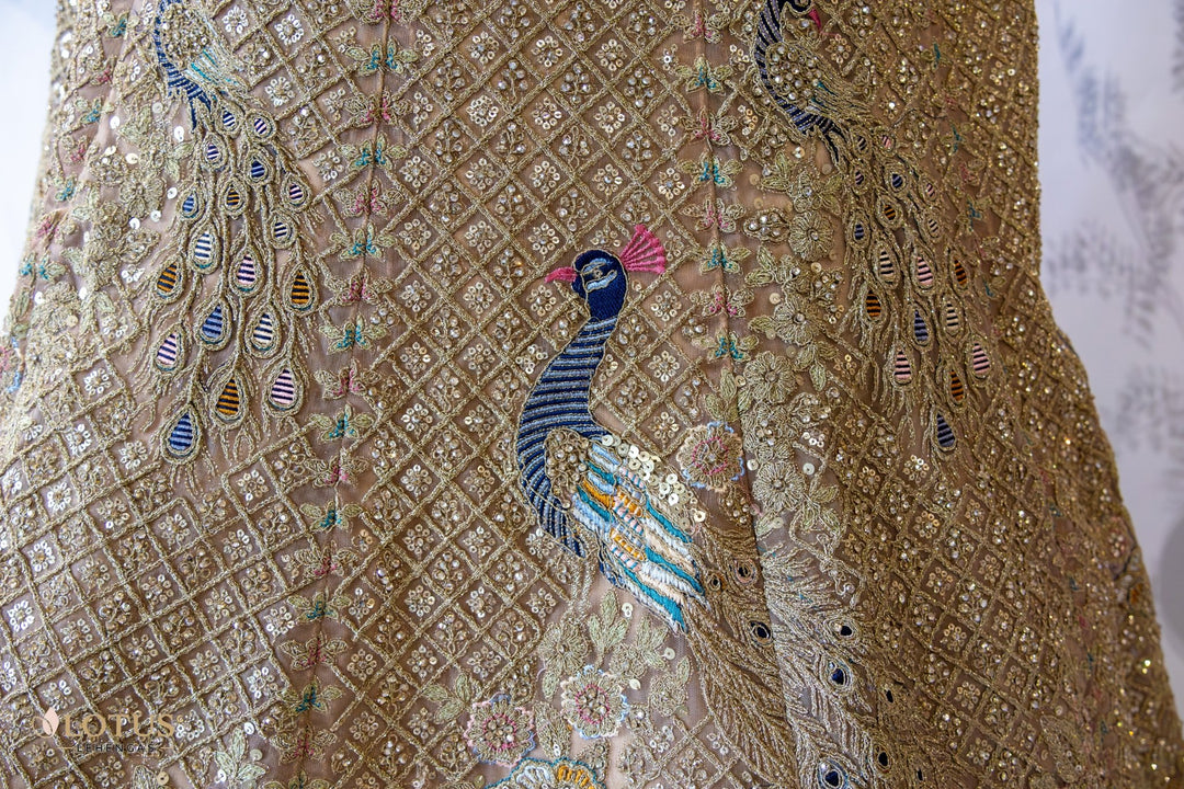 Champagne Gold Peacock Embroidered Lehenga - Lotus Lehengas