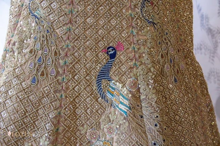 Champagne Gold Peacock Embroidered Lehenga - Lotus Lehengas