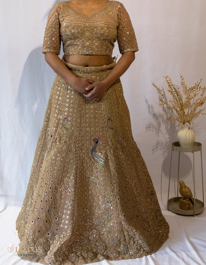 Champagne Gold Peacock Embroidered Lehenga - Lotus Lehengas
