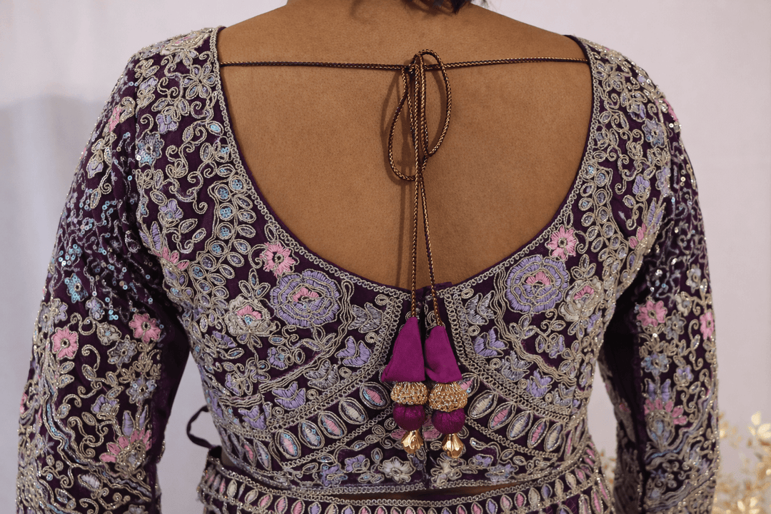 Deep Plum Floral Embroidered Lehenga - Lotus Lehengas