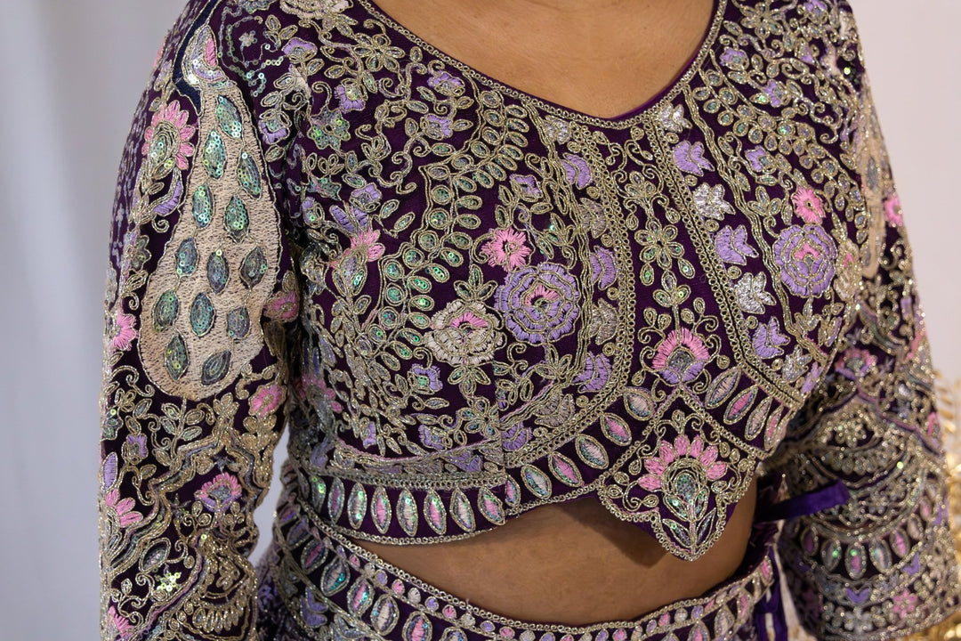 Deep Plum Floral Embroidered Lehenga - Lotus Lehengas