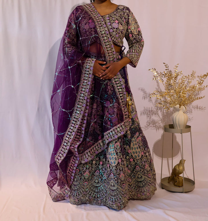 Deep Plum Floral Embroidered Lehenga - Lotus Lehengas