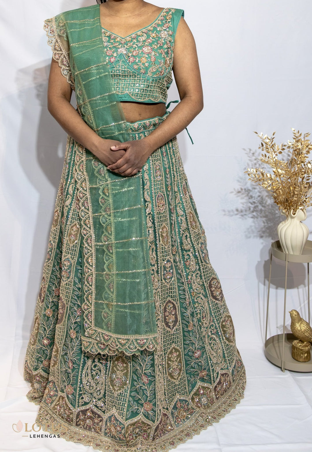 Emerald Green Floral Embroidered Lehenga - Lotus Lehengas
