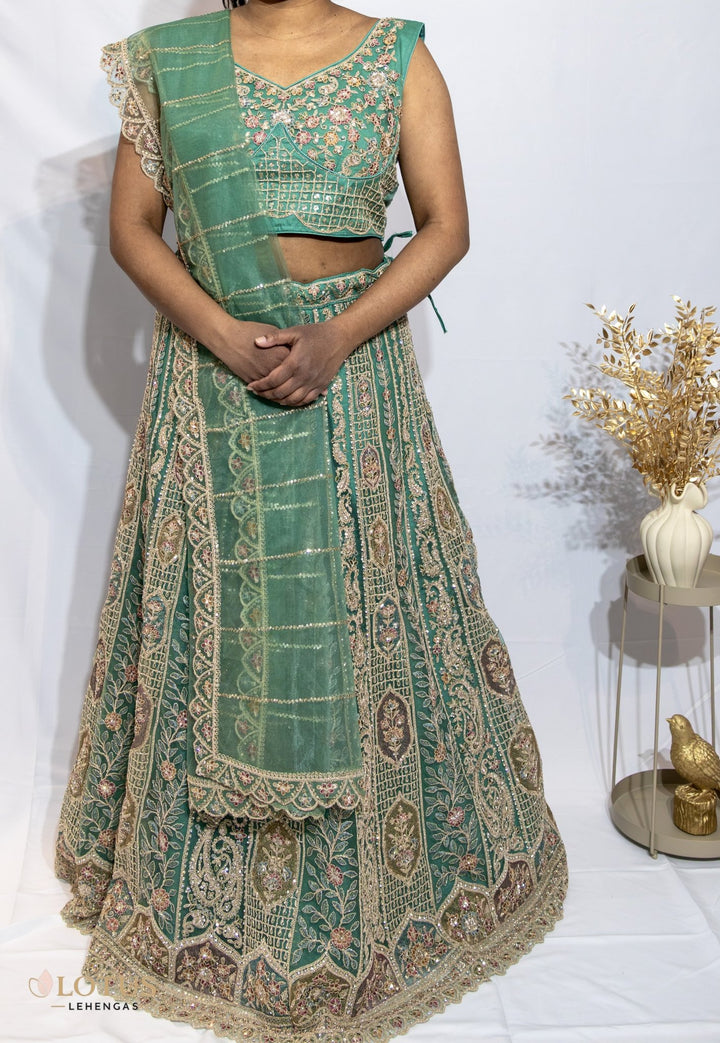Emerald Green Floral Embroidered Lehenga - Lotus Lehengas