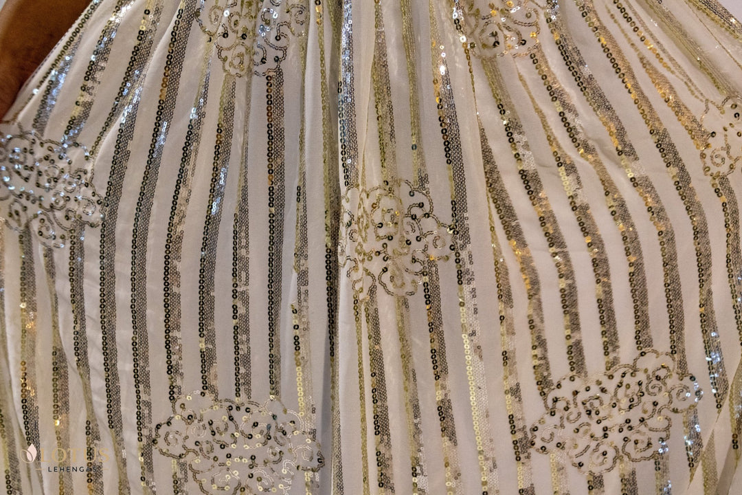 Ivory Gold Striped Floral Lehenga - Lotus Lehengas