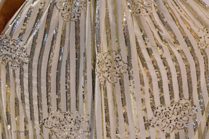 Ivory Gold Striped Floral Lehenga - Lotus Lehengas