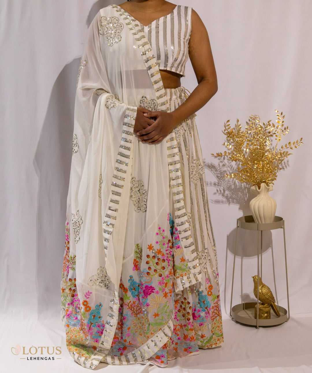 Ivory Gold Striped Floral Lehenga - Lotus Lehengas
