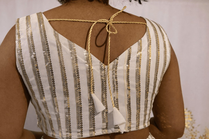 Ivory Gold Striped Floral Lehenga - Lotus Lehengas