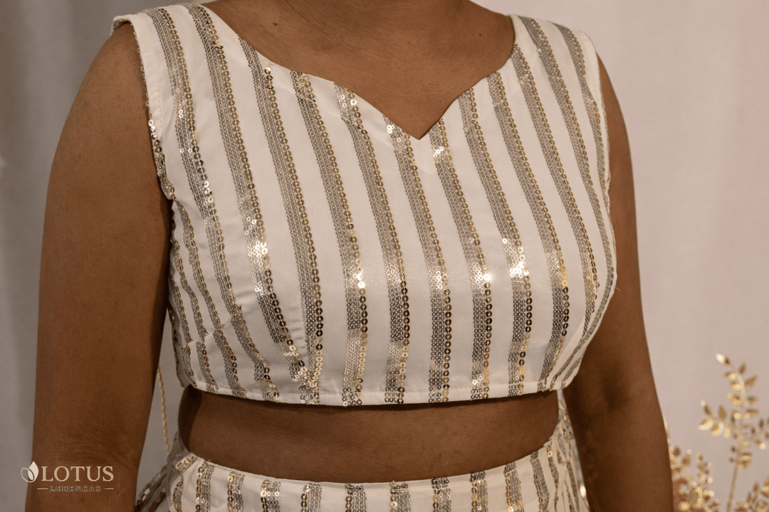 Ivory Gold Striped Floral Lehenga - Lotus Lehengas