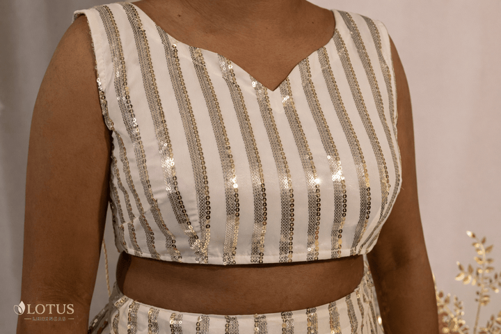 Ivory Gold Striped Floral Lehenga - Lotus Lehengas