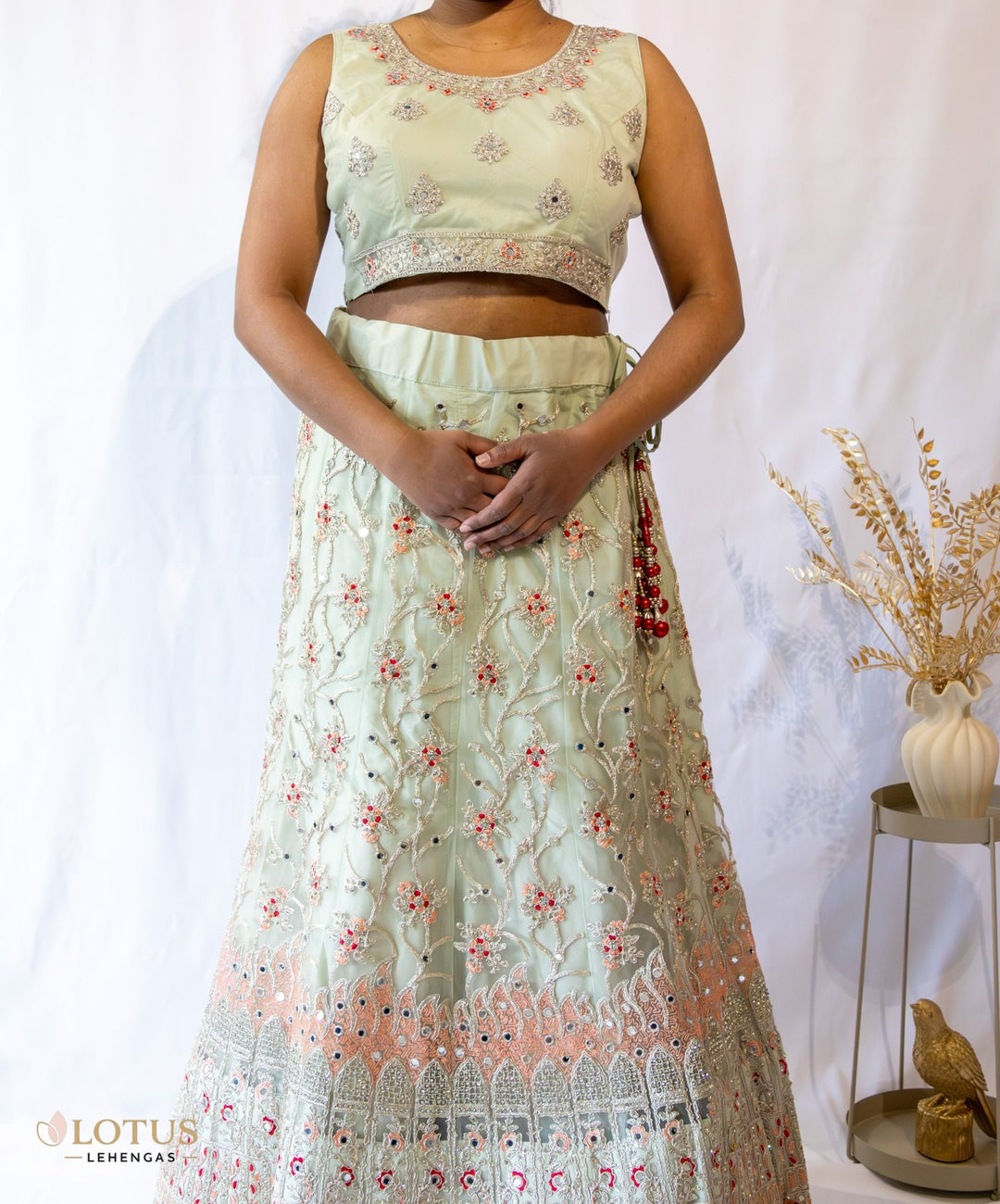 Mint Green Floral Embroidered Lehenga Set - Lotus Lehengas