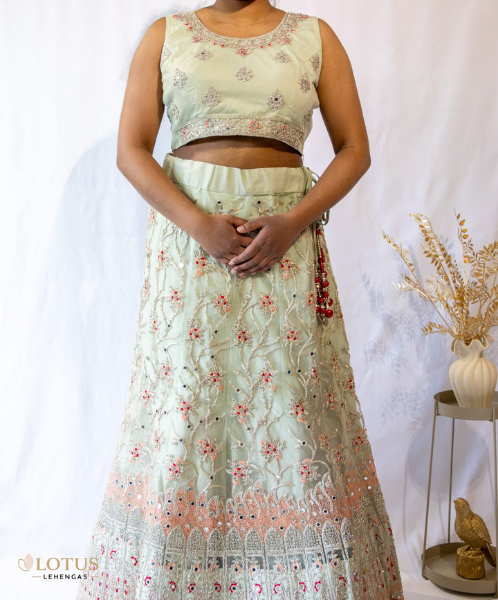 Mint Green Floral Embroidered Lehenga Set - Lotus Lehengas