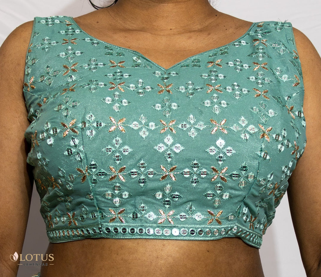 Mint Green Mirror Embroidered Lehenga - Lotus Lehengas