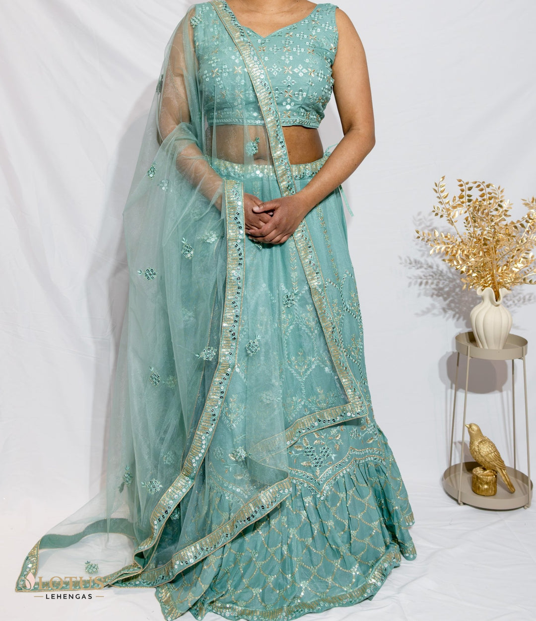 Mint Green Mirror Embroidered Lehenga - Lotus Lehengas
