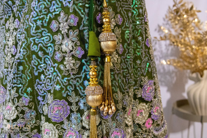 Olive Green Floral Embroidered Lehenga - Lotus Lehengas
