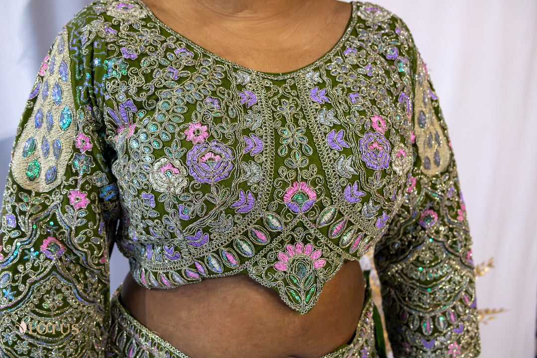 Olive Green Floral Embroidered Lehenga - Lotus Lehengas