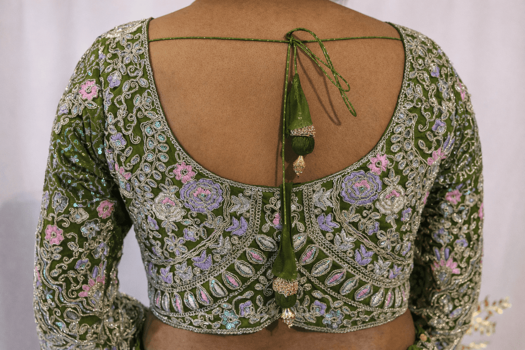 Olive Green Floral Embroidered Lehenga - Lotus Lehengas