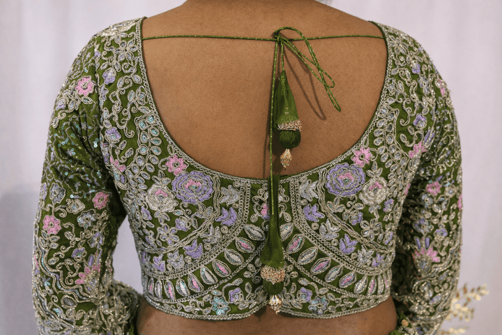 Olive Green Floral Embroidered Lehenga - Lotus Lehengas