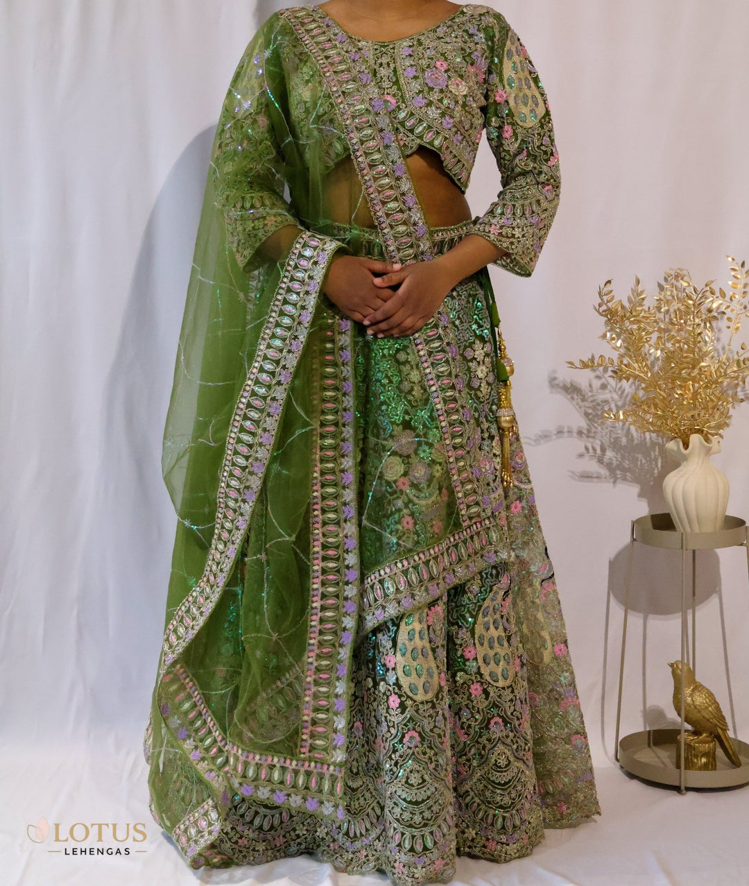 Olive Green Floral Embroidered Lehenga - Lotus Lehengas