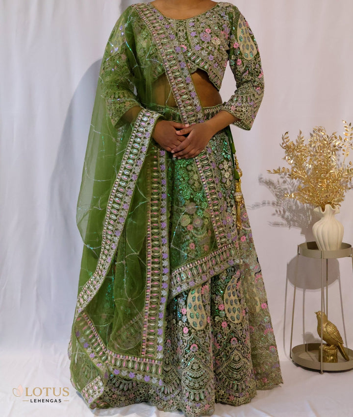 Olive Green Floral Embroidered Lehenga - Lotus Lehengas