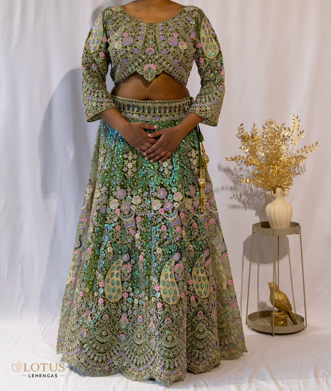 Olive Green Floral Embroidered Lehenga - Lotus Lehengas