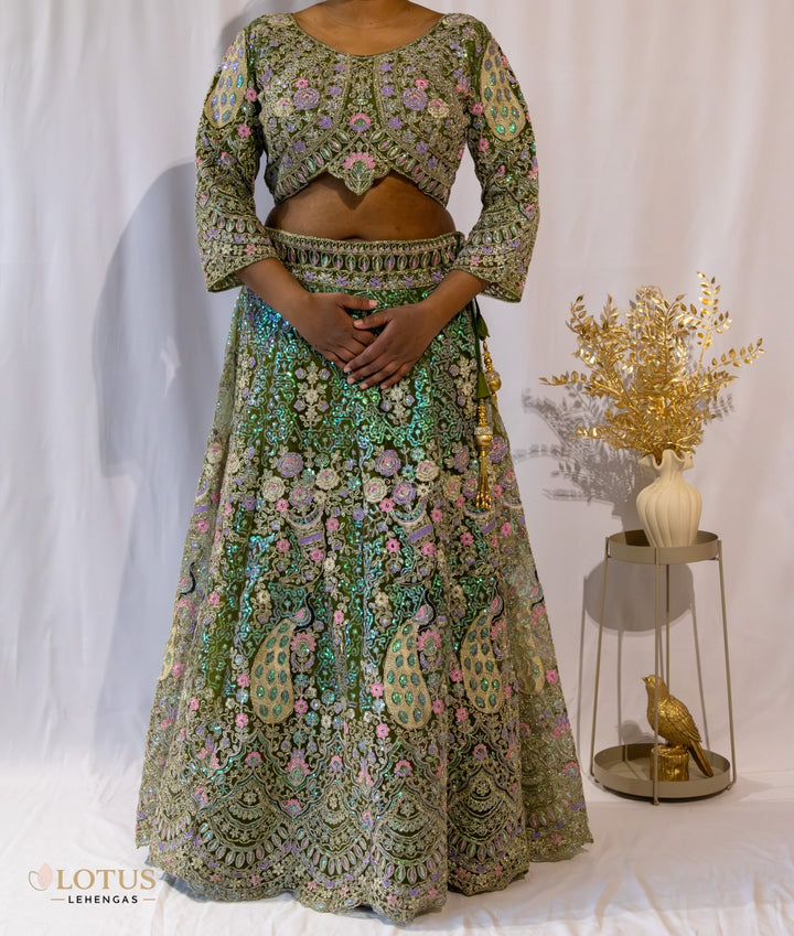 Olive Green Floral Embroidered Lehenga - Lotus Lehengas