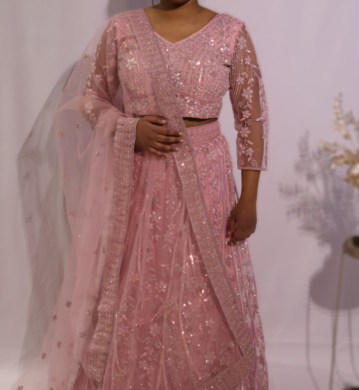 Pink Flower Embroidered Lehenga - Lotus Lehengas