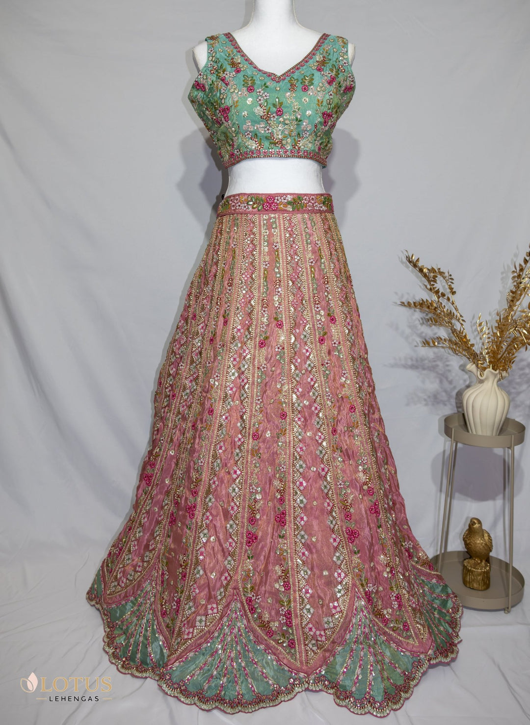 Pink & Mint Embroidered Bridal Lehenga Choli - Lotus Lehengas