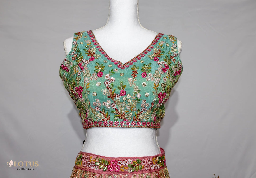 Pink & Mint Embroidered Bridal Lehenga Choli - Lotus Lehengas