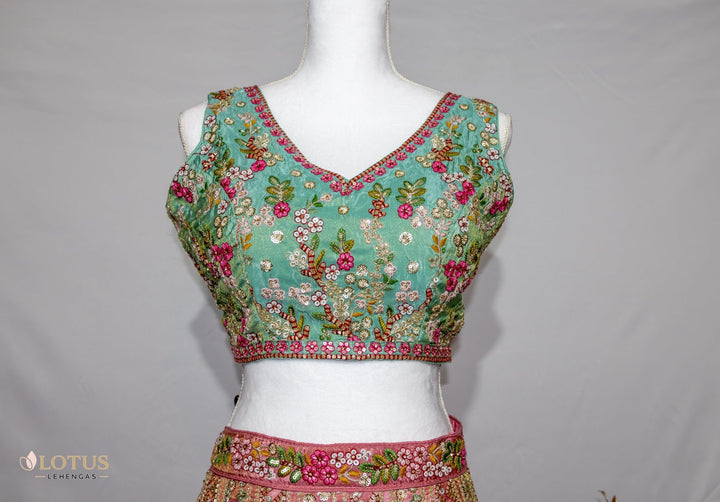 Pink & Mint Embroidered Bridal Lehenga Choli - Lotus Lehengas