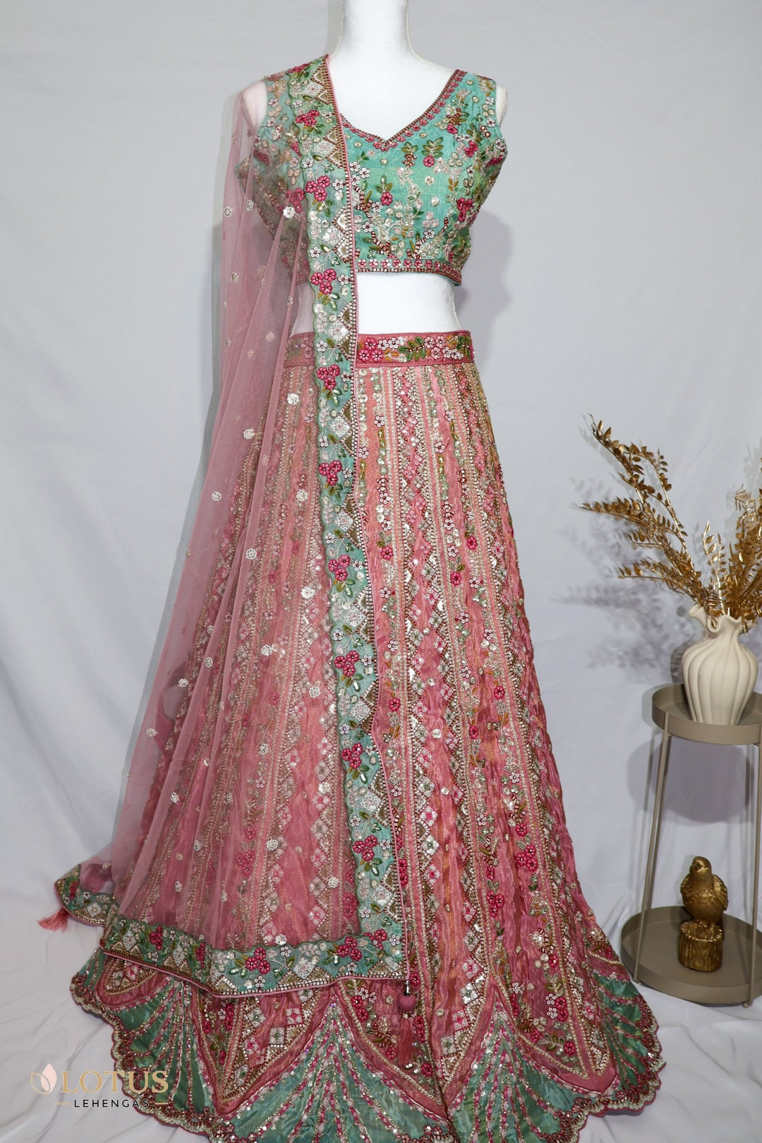 Pink & Mint Embroidered Bridal Lehenga Choli - Lotus Lehengas