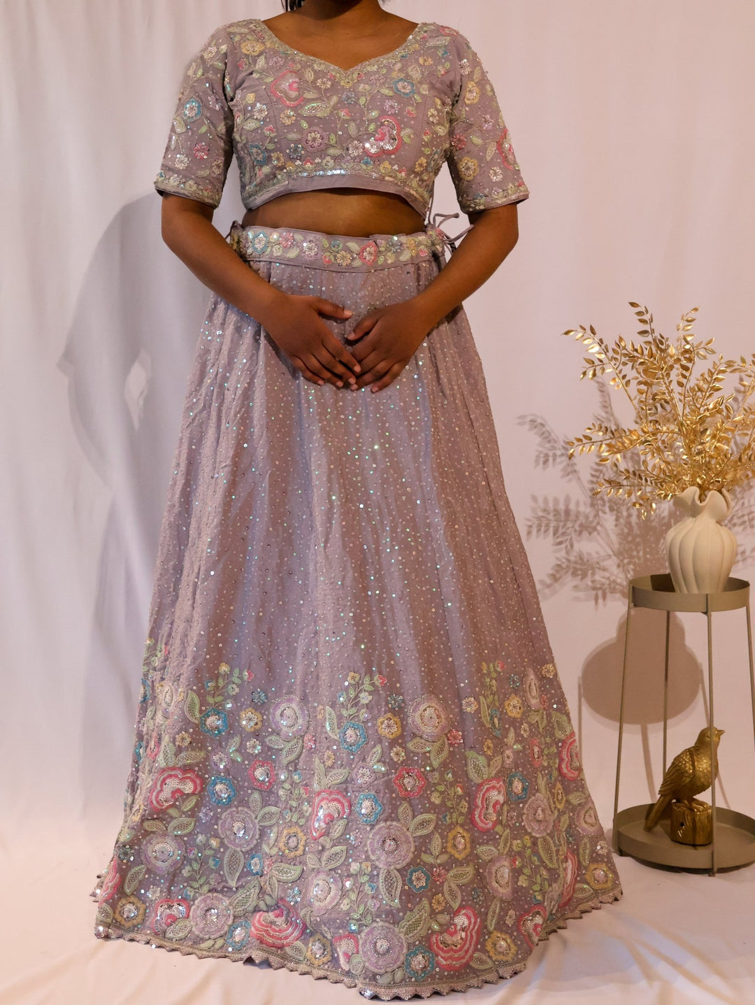 Soft Lilac Floral Embroidered Lehenga - Lotus Lehengas