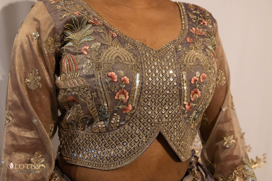 Taupe Heritage Embroidered Lehenga - Lotus Lehengas
