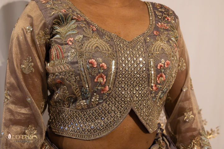 Taupe Heritage Embroidered Lehenga - Lotus Lehengas