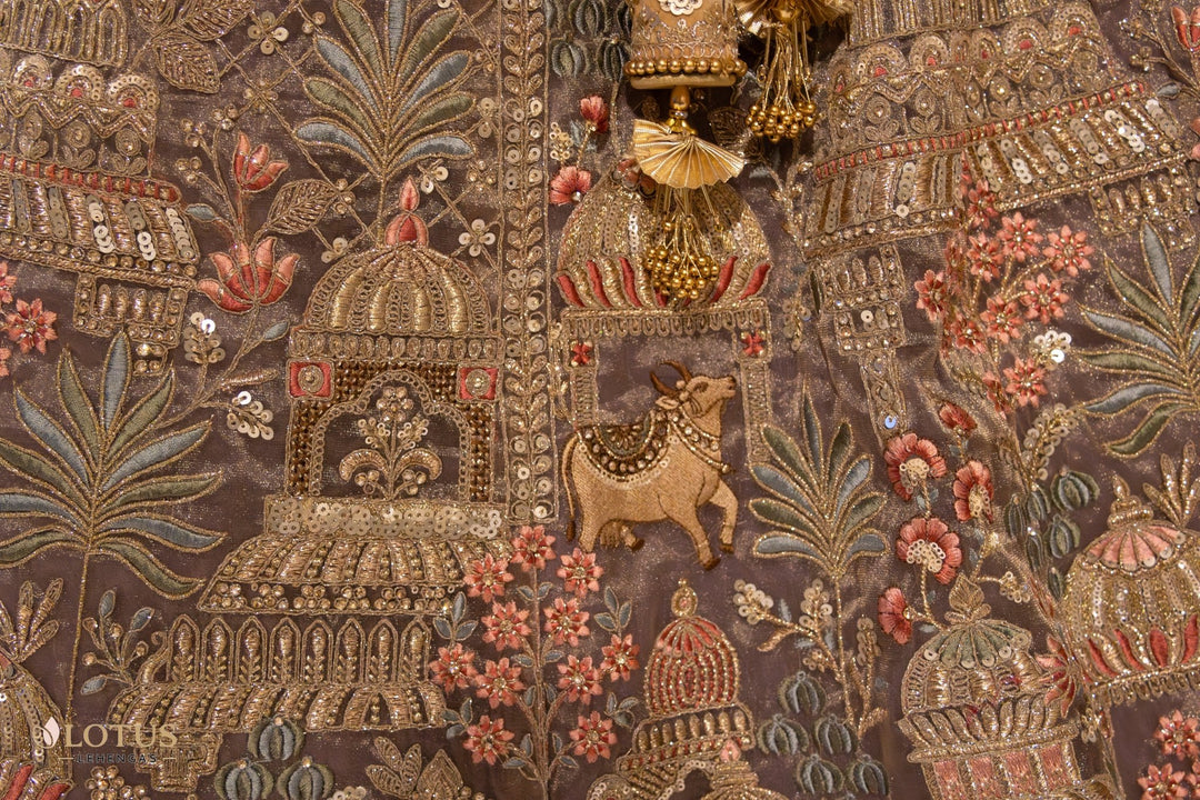 Taupe Heritage Embroidered Lehenga - Lotus Lehengas