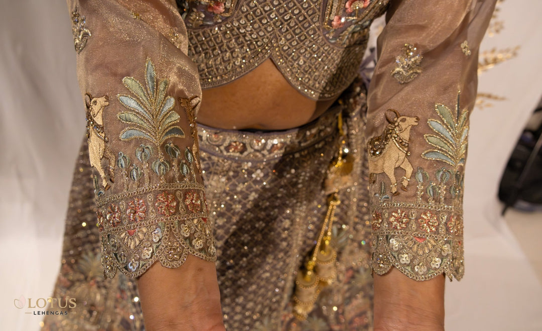 Taupe Heritage Embroidered Lehenga - Lotus Lehengas