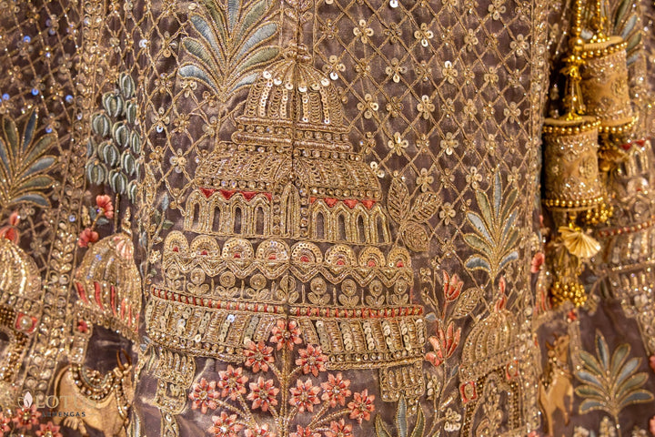 Taupe Heritage Embroidered Lehenga - Lotus Lehengas