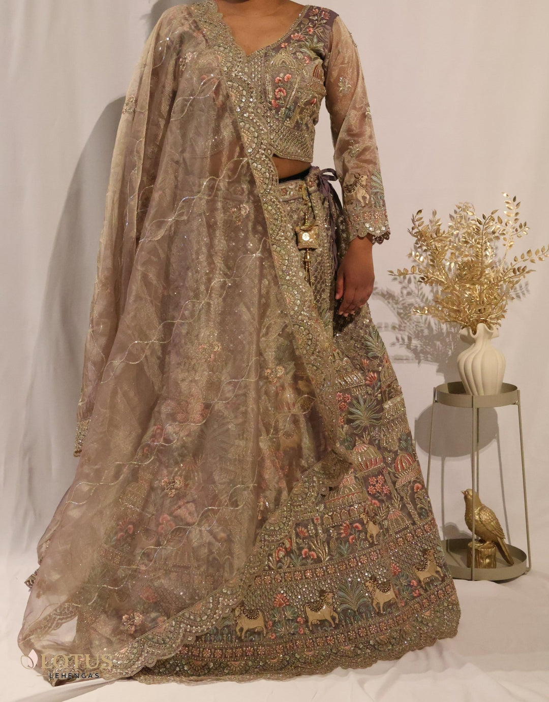 Taupe Heritage Embroidered Lehenga - Lotus Lehengas