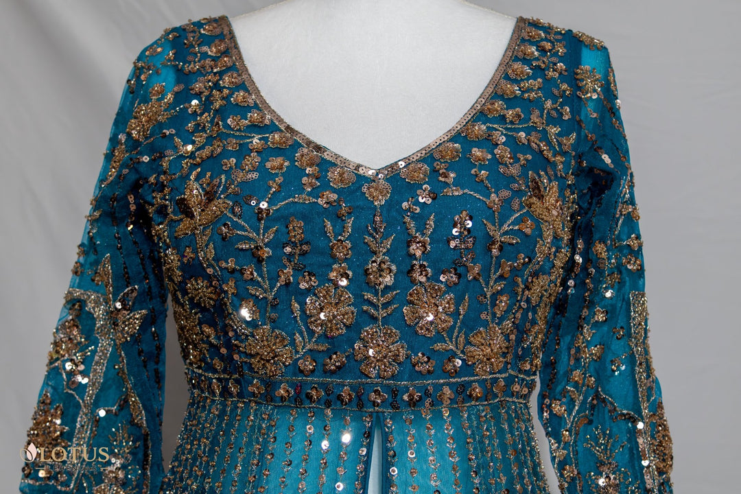 Teal Blue Gold Lehenga - Lotus Lehengas