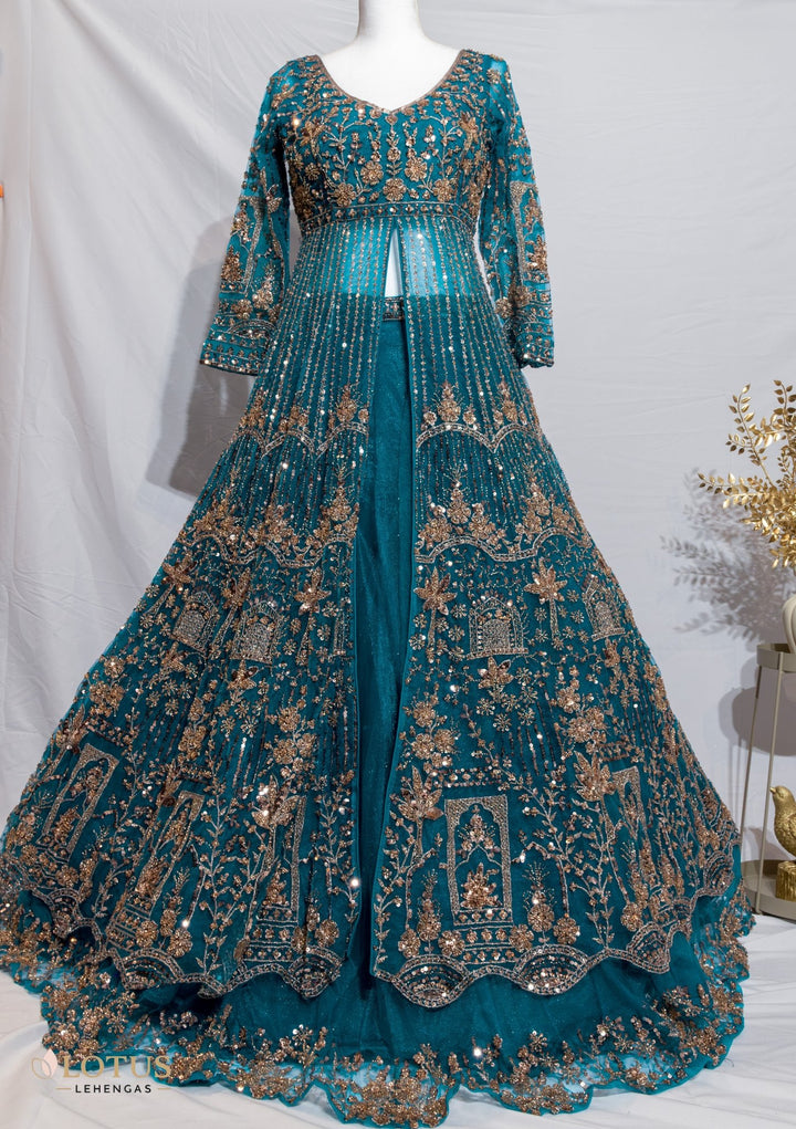 Teal Blue Gold Lehenga - Lotus Lehengas