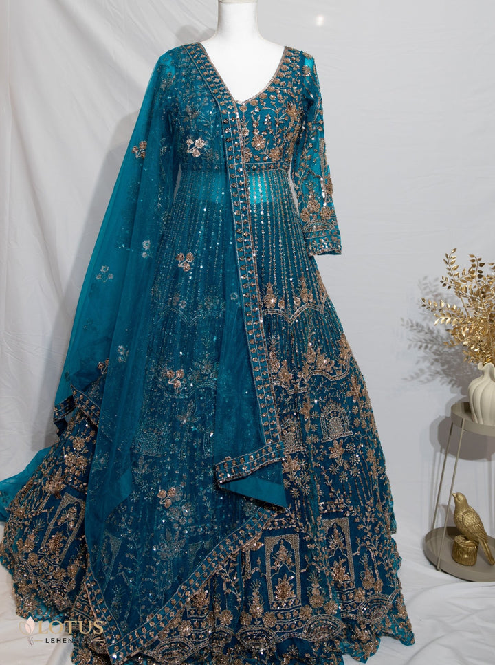 Teal Blue Gold Lehenga - Lotus Lehengas